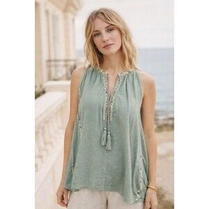 Boho Kinsey Tank Top Embroidered Cotton Sage Green Flowy Peasant Sz L NWT